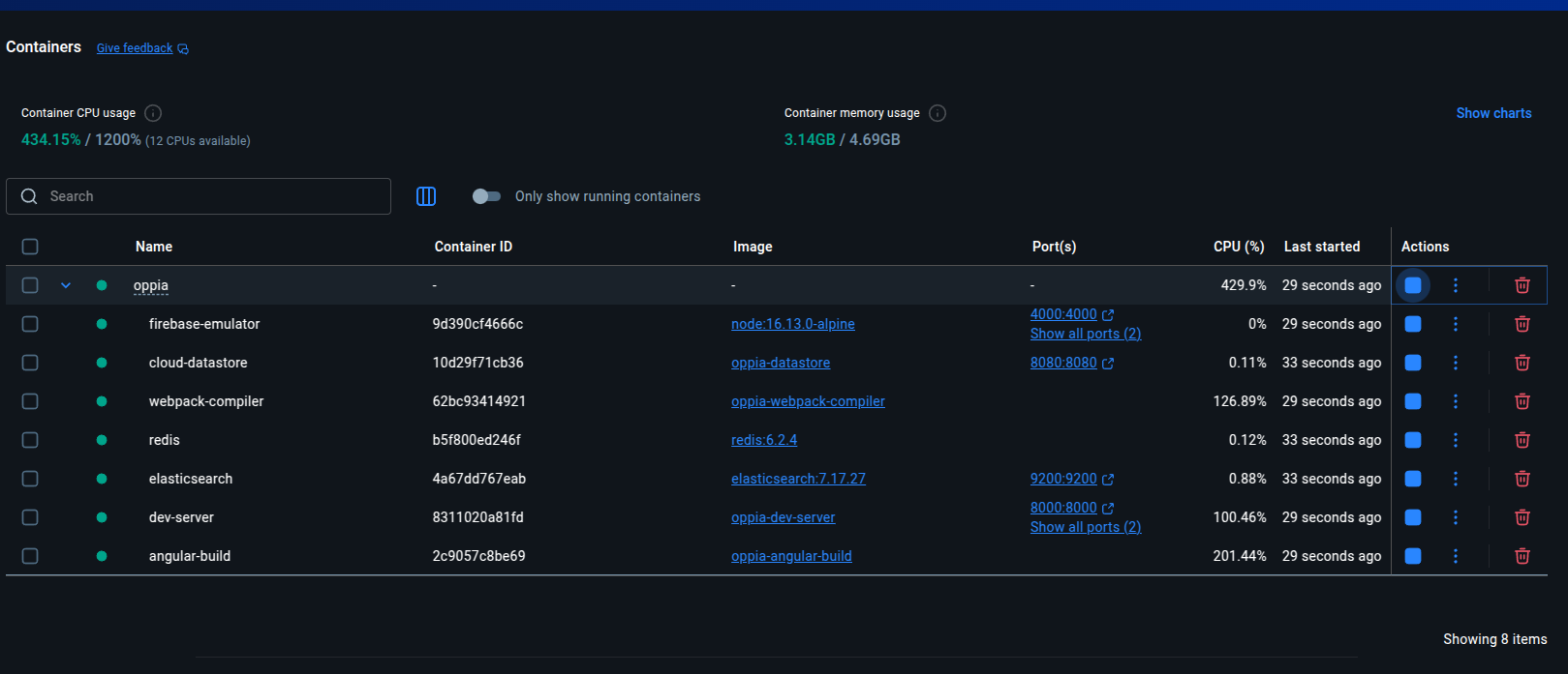 Containers do Docker rodando