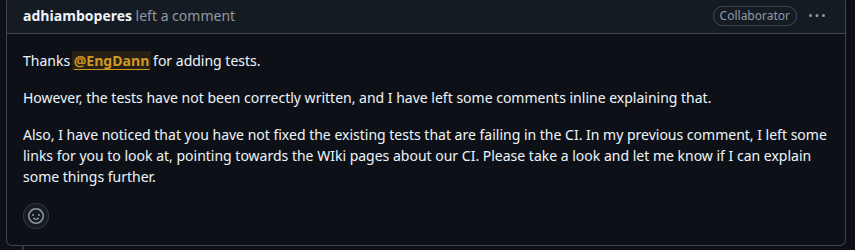 Comentário do mantenedor sobre testes adicionados